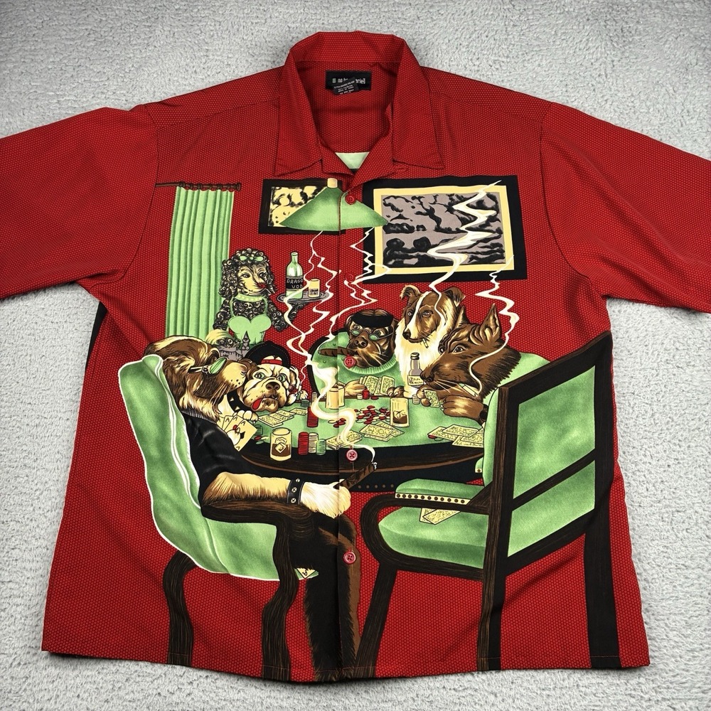 Vintage Y2K No Boundaries Poker Dogs Button Up Shirt Men's XL Red Graphic AOP